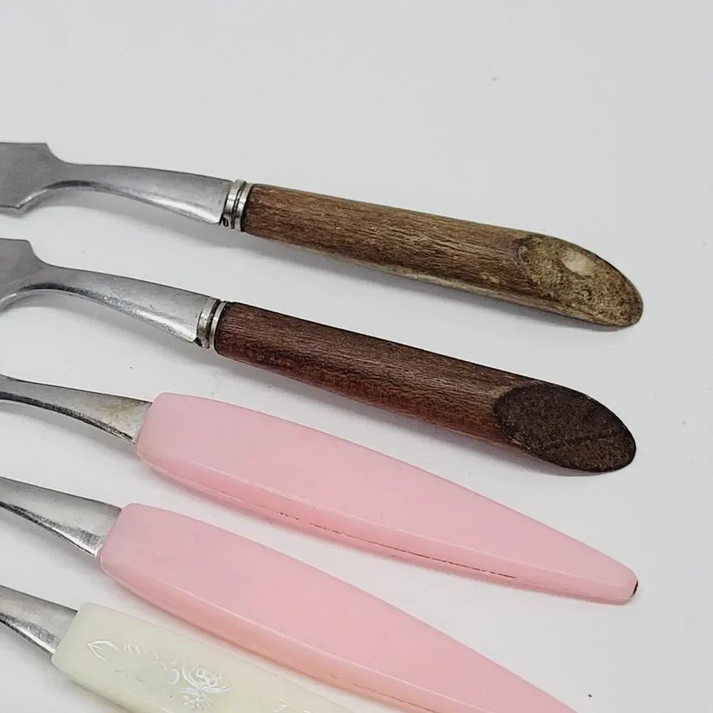 7 Vintage Mini Cocktail Appetizer Forks Stainless Wood Plastic 4